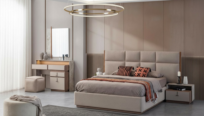 Mobili da camera da letto di lusso Letto matrimoniale Comodini Grigio Armadio 6 pezzi Letto