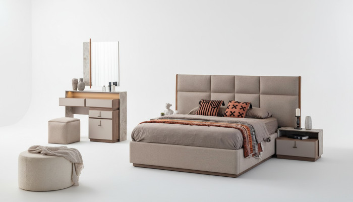 Mobili da camera da letto di lusso Letto matrimoniale Comodini Grigio Armadio 6 pezzi Letto