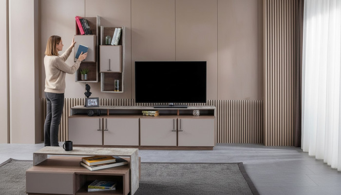 Mobile TV, armadi a muro, credenza, mobile TV, grigio, soggiorno, legno
