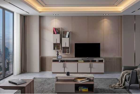 Mobile TV, armadi a muro, credenza, mobile TV, grigio, soggiorno, legno