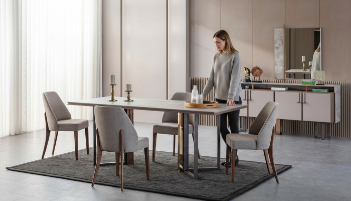Gruppo da pranzo angolo pranzo tavolo sedie legno grigio sala da pranzo 9 pezzi credenza