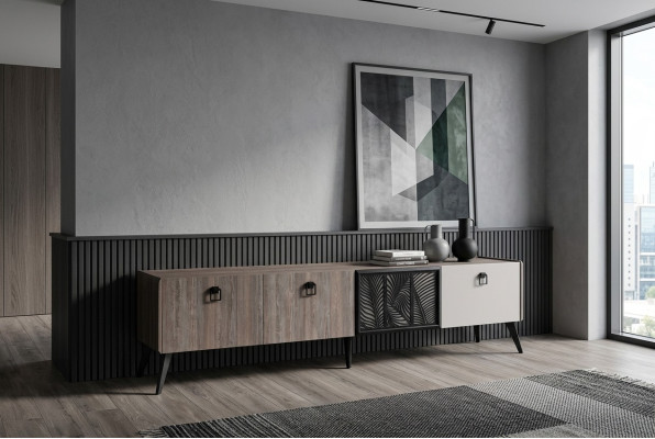 Mobile porta TV in legno grigio per soggiorno con cassetti.