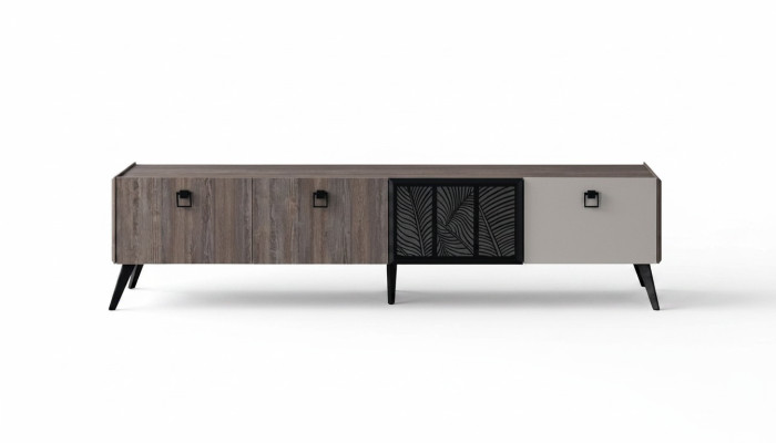 Mobile porta TV in legno grigio per soggiorno con cassetti.