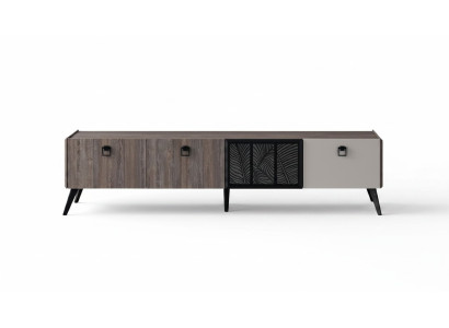 Mobile porta TV in legno grigio per soggiorno con cassetti.