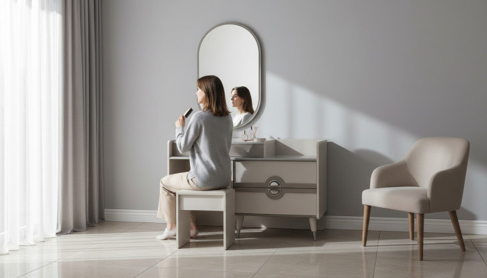 Tavolo da toeletta Panchetta da toeletta Console da trucco Specchio Tavolo consolle Grigio