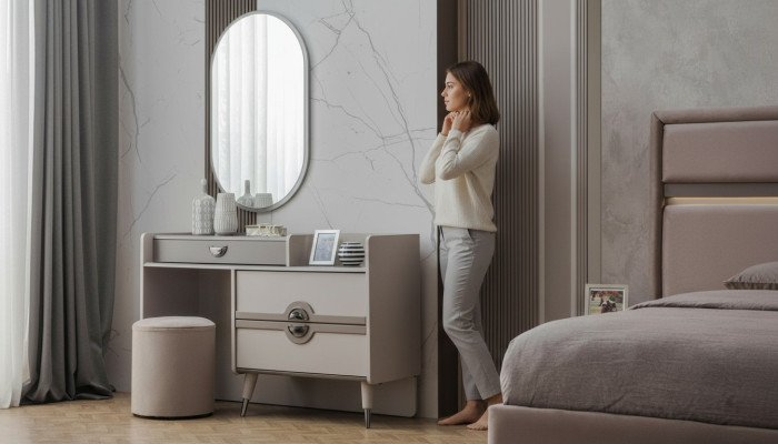 Gruppo tavolo da trucco tavolo da toeletta specchio consolle grigio set di 3 pezzi