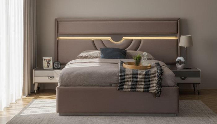 Letto matrimoniale camera da letto comodini beige set 3 pezzi con contenitore.