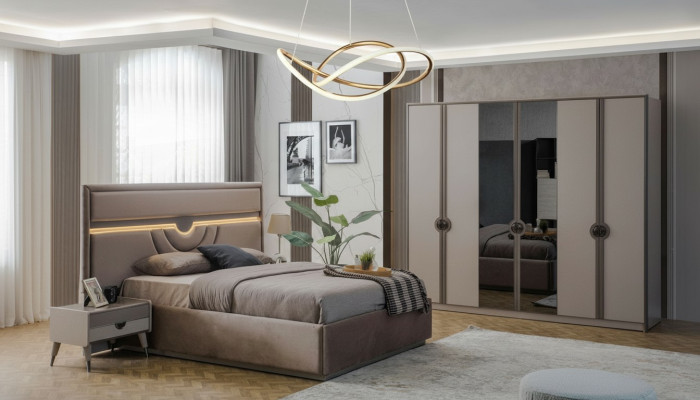 Letto matrimoniale Set completo di mobili da camera da letto Letto Comodini Beige 4 pezzi