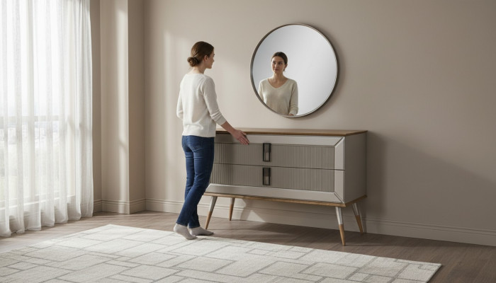 Comò design marrone, specchio tondo di lusso, set di tavoli da toeletta 2 pezzi.