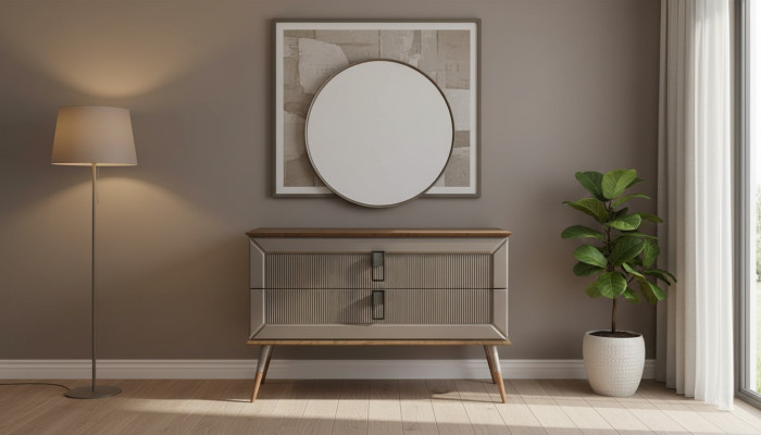 Comò design marrone, specchio tondo di lusso, set di tavoli da toeletta 2 pezzi.