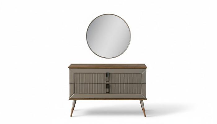 Comò design marrone, specchio tondo di lusso, set di tavoli da toeletta 2 pezzi.