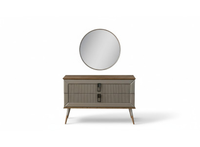 Comò design marrone, specchio tondo di lusso, set di tavoli da toeletta 2 pezzi.