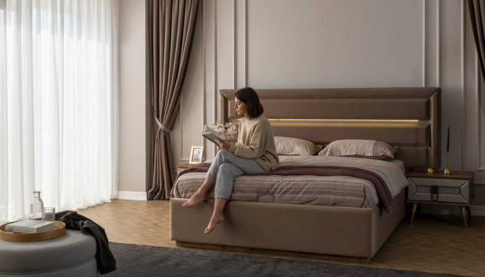 Biancheria da letto marrone per letto matrimoniale esclusivo con 2 comodini in legno 3 pezzi