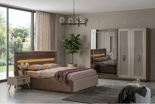 Set da camera da letto beige letto matrimoniale moderno Armadio in vetro 4 pezzi