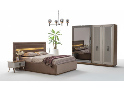 Set da camera da letto beige letto matrimoniale moderno Armadio in vetro 4 pezzi