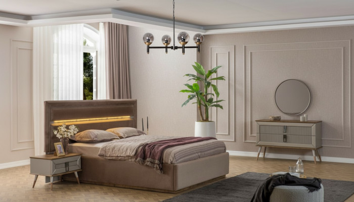 Camera da letto beige di lusso con letto matrimoniale di design 2 comodini 5 pezzi