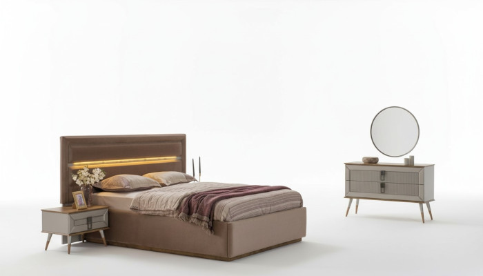 Camera da letto beige di lusso con letto matrimoniale di design 2 comodini 5 pezzi