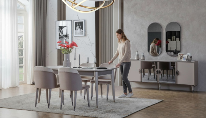 Gruppo da pranzo grigio Sedie da pranzo Tavolo allungabile Madia