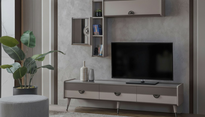 Mobile porta TV robusto per soggiorno beige, lussuoso, con mensole.