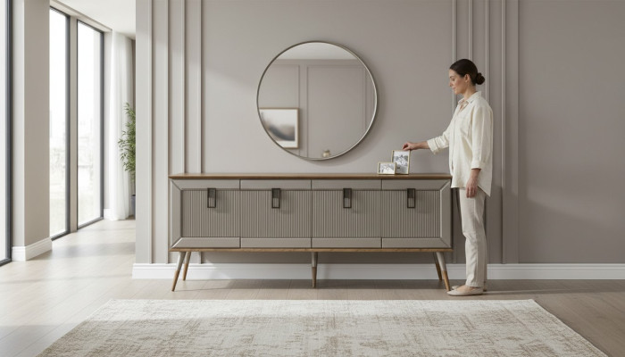 Robusta credenza, credenza design di lusso, armadio a specchio rotondo, 2 pezzi.