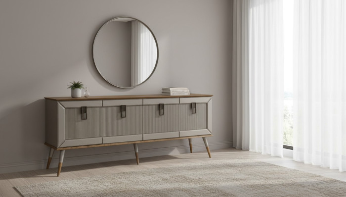 Robusta credenza, credenza design di lusso, armadio a specchio rotondo, 2 pezzi.