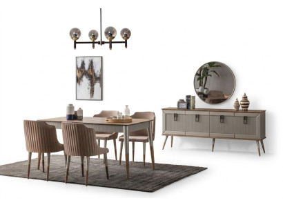 Beige set da pranzo in legno rettangolare tavolo 6 sedie imbottite 7 pezzi.