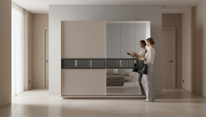 Moderno armadio beige per camera da letto con specchi in legno.