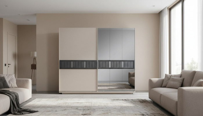 Moderno armadio beige per camera da letto con specchi in legno.