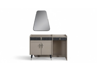 Tavolo per il trucco beige in legno con specchio, tavolo da trucco di design con console a 2 pezzi.