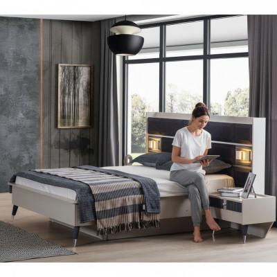 Gruppo camera da letto grigio-bianco, letto matrimoniale con 2 comodini, set completo 3 pezzi