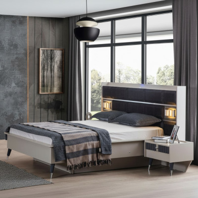 Gruppo camera da letto grigio-bianco, letto matrimoniale con 2 comodini, set completo 3 pezzi