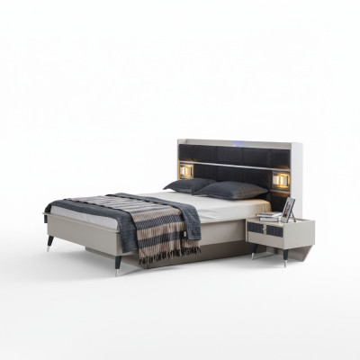 Gruppo camera da letto grigio-bianco, letto matrimoniale con 2 comodini, set completo 3 pezzi