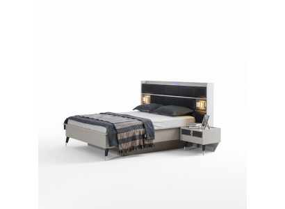 Gruppo camera da letto grigio-bianco, letto matrimoniale con 2 comodini, set completo 3 pezzi