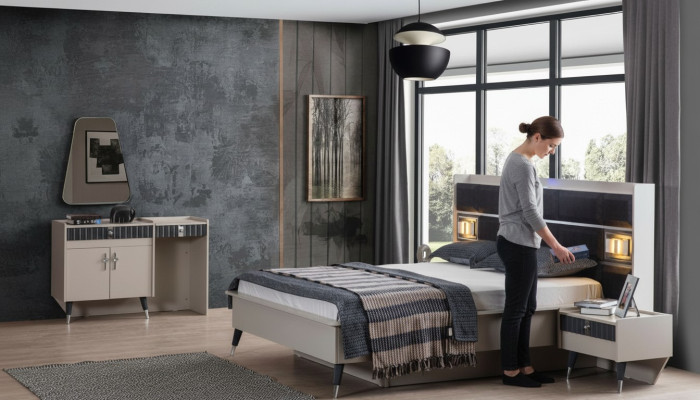 Imposta camera da letto di lusso, letto design, toletta, consolle, set da 5 pezzi