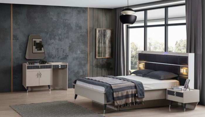 Imposta camera da letto di lusso, letto design, toletta, consolle, set da 5 pezzi