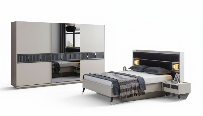 Mobili da camera da letto grigi, letto design con 2 comodini, armadio in legno 4 pezzi.
