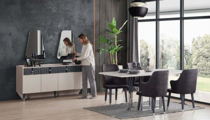 Moderne set da pranzo Tavolo rettangolare per la riunione 6 sedie Credenza 2 specchi