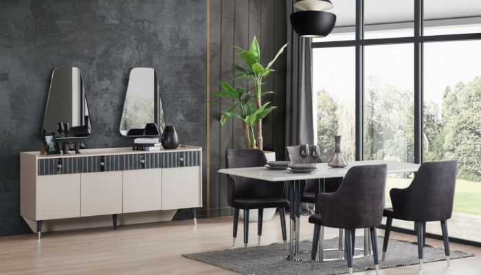 Moderne set da pranzo Tavolo rettangolare per la riunione 6 sedie Credenza 2 specchi