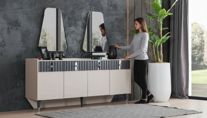 Set completo di design Beige Consolle Sideboard 2 Specchi Set 3pz