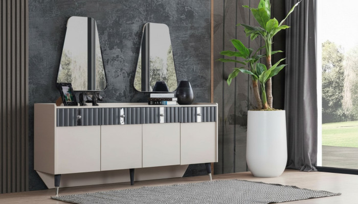 Set completo di design Beige Consolle Sideboard 2 Specchi Set 3pz