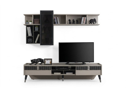 Set da soggiorno designer: supporto TV, mensole in legno di lusso, tavolino da caffè 3 pezzi.