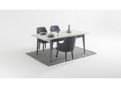 Tavolo da pranzo rettangolare bianco del designer con 6 sedie imbottite grigie set da 7 pezzi.