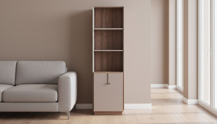 Moderno scaffale per libri, mensola designer beige, libreria da ufficio.