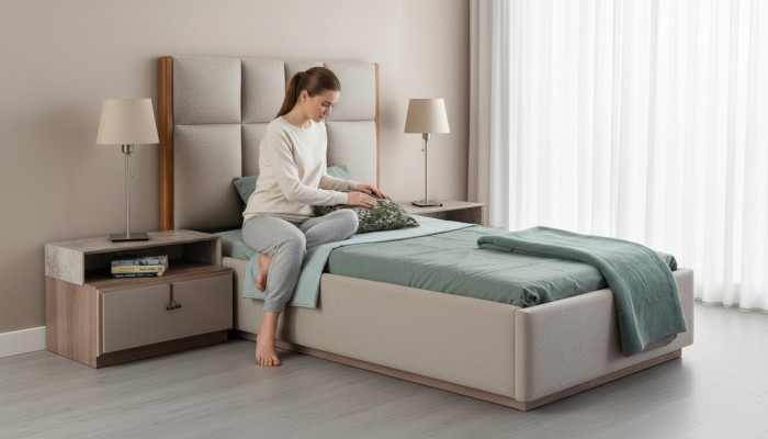 Beige set per stanza dei bambini con designer letto singolo in legno e comodino set di 2 pezzi.