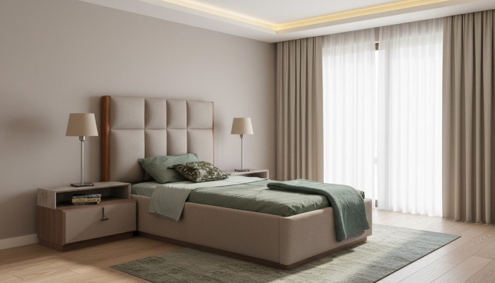 Beige set per stanza dei bambini con designer letto singolo in legno e comodino set di 2 pezzi.