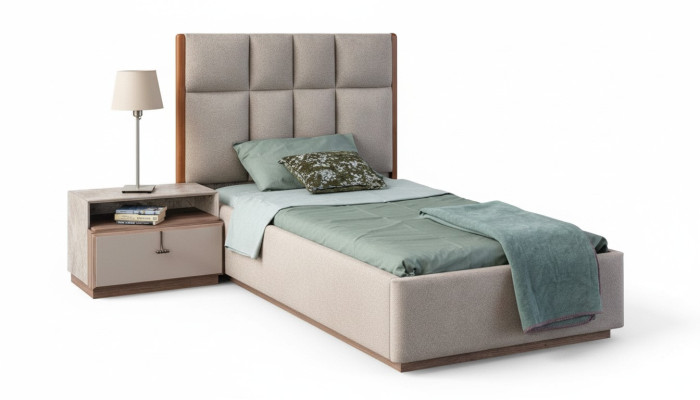 Beige set per stanza dei bambini con designer letto singolo in legno e comodino set di 2 pezzi.