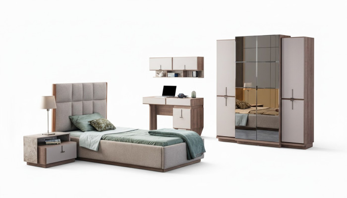 Mobili per camere per bambini moderni, letto da designer, scrivania, armadio a parete, nuovo.