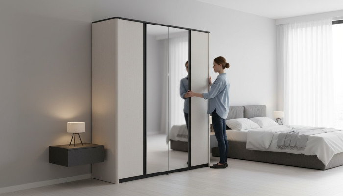 Guardaroba grigio da camera da letto, armadio con specchio da design in legno.