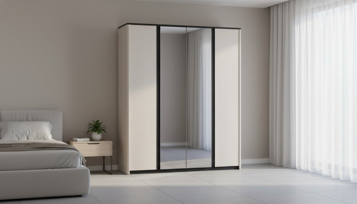 Guardaroba grigio da camera da letto, armadio con specchio da design in legno.