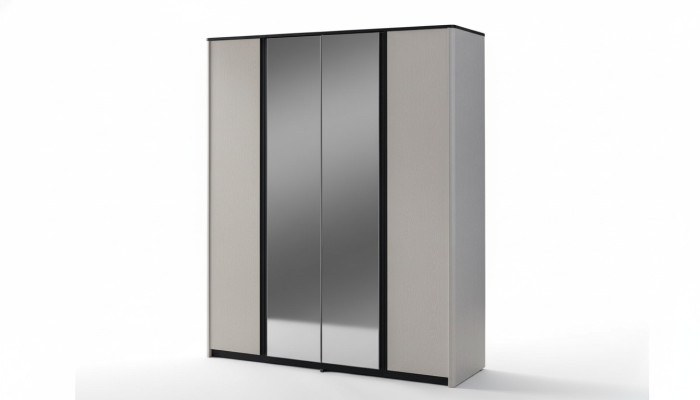 Guardaroba grigio da camera da letto, armadio con specchio da design in legno.